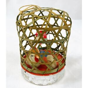 Vtg Japanese Bamboo Wicker Bird Cage Decor Rooster Chicken Baby Chick Squeaker